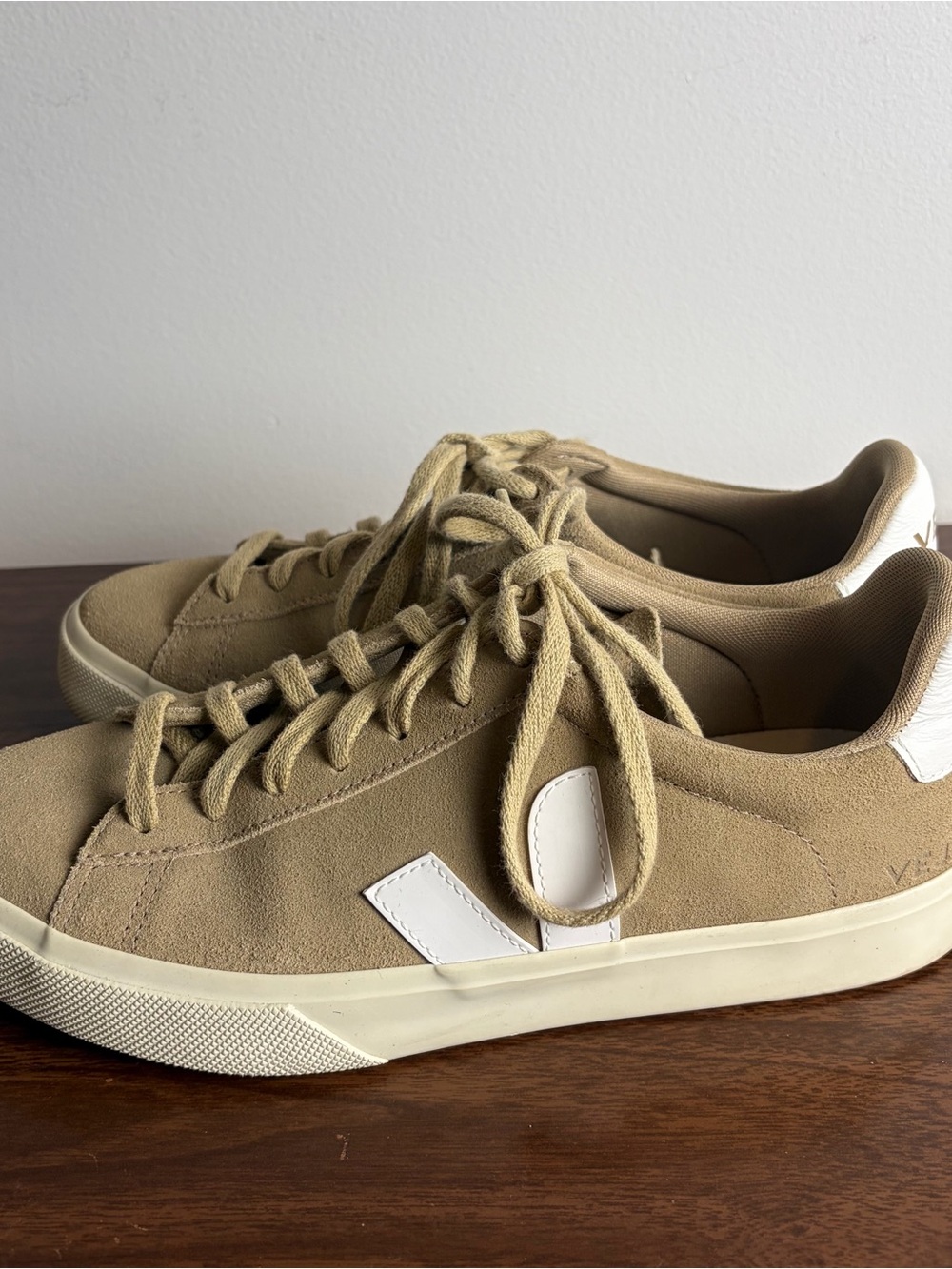 Veja Tan Suede Low-Top Sneakers with White V